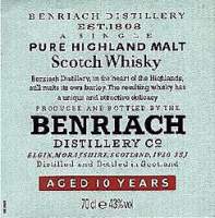 Benriach 10 years old Pure Scotch Highland malt whisky - label