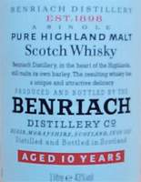 Benriach 10 years old Pure Scotch Highland malt whisky - label